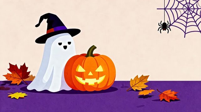 Ghost with pumpkin and autumn leaves