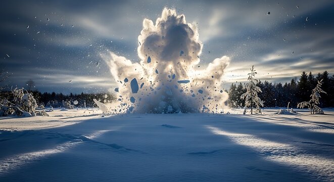 A massive explosion occurs in a snowy forest clearing surrounded by trees under a cloudy sky.