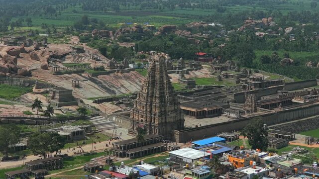 Aerial drone shot of Virupaksha Temple in Hampi Karnataka India
