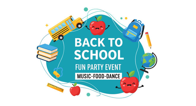 Back to school party invitation, fun event, music food dance, colorful illustration, vector graphics