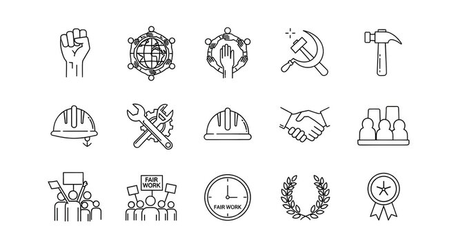 Labor and Workers Rights Line Icons Set: Industry, Fair Work, Protest, and Solidarity