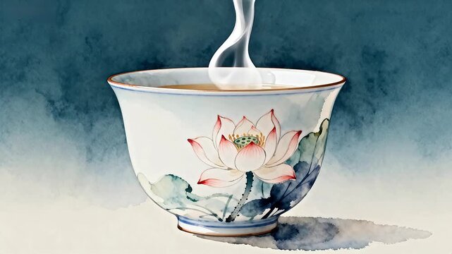 Steaming tea cup with lotus design