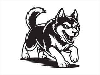 A aggressive military dog leaping in attack black silhouette vector illustration, fierce husky canine logo design © Chan