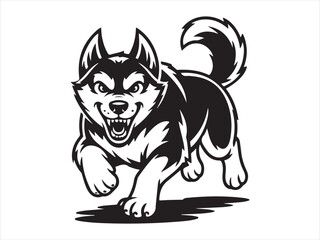 A aggressive military dog leaping in attack black silhouette vector illustration, fierce husky canine logo design © Chan