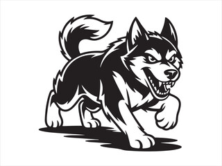A aggressive military dog leaping in attack black silhouette vector illustration, fierce husky canine logo design © Chan