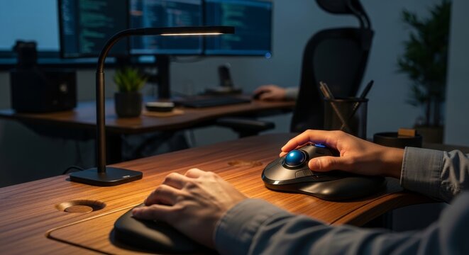 Person's Hands Using Trackball Mouse at Desk