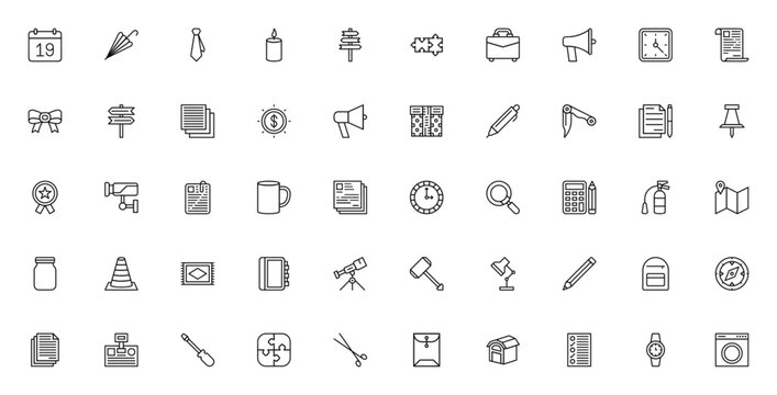 Office icon set. Minimalist vector pack. Includes Calendar, Umbrella, Tie, Briefcase, Clock, Document, Pen, Badge, Envelope, Calculator, Map, Lamp, Scissors, and more. Editable stroke.