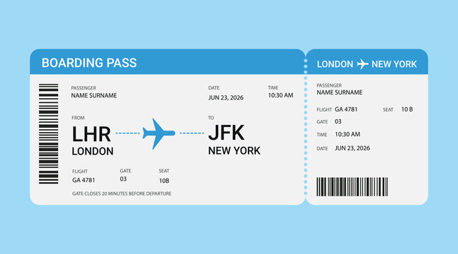 Boarding Pass Template. Flat Vector Airline Ticket in Blue	
