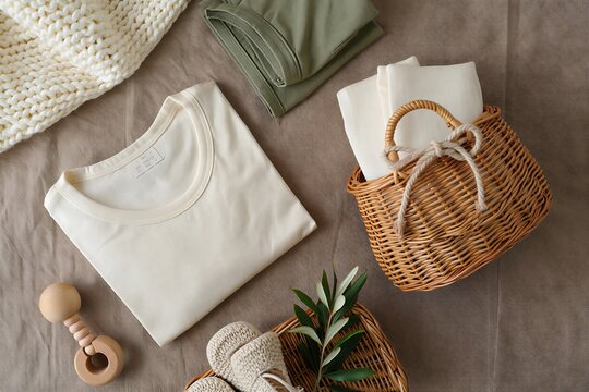 Clean Baby Clothes and Toys Arranged With Cozy Blanket and Wicker Basket