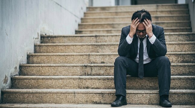 Stressed, businessman, failure, depressed, burnout, unemployment, sadness. A middle-aged Asian corporate professional sitting on stairs feeling defeated after job loss or crisis.