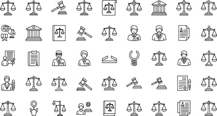 Fototapeta premium Justice and law thin line icons set with scales gavel courthouse and legal symbols editable stroke vector