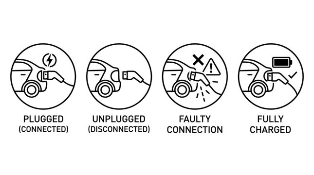 Electric car charging status icons plugged, unplugged, faulty, and fully charged