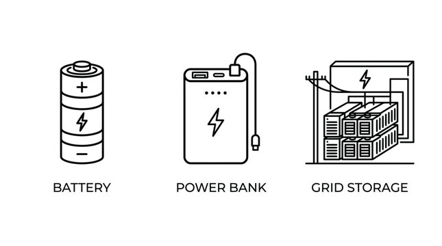 Battery, Power Bank, and Grid Storage Icons Energy Solutions for Modern Needs