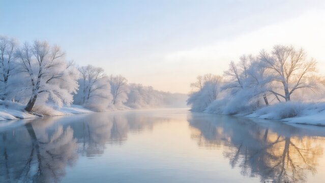 Snowy trees by calm river