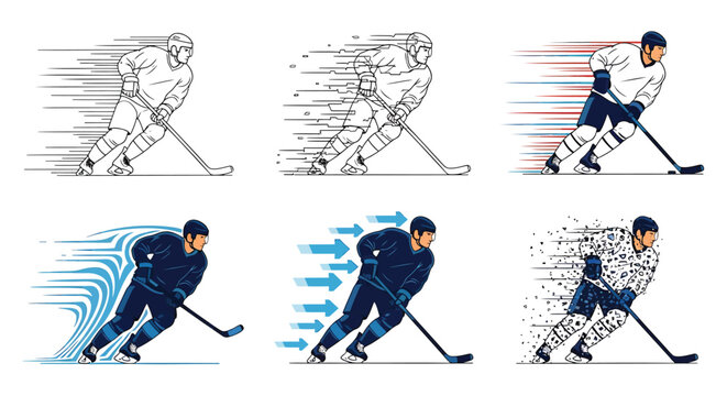 Hockey player motion graphics, ice hockey illustrations, vector sports icons, athletic movement