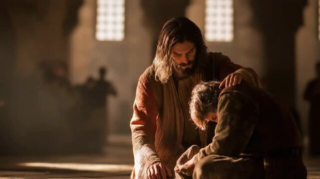 Jesus Christ in a church, His hand on a person in prayer on their knees.