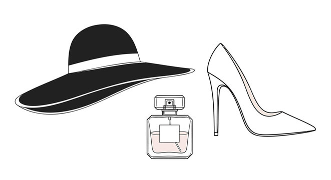 Fashion accessories, women's hat, high heel shoe, perfume bottle, elegant style icons