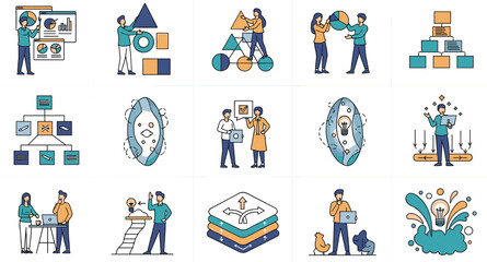 Fototapeta premium Business process and teamwork icons set with workflow, analytics, startup and collaboration concepts, flat vector illustration featuring corporate activities and management elements