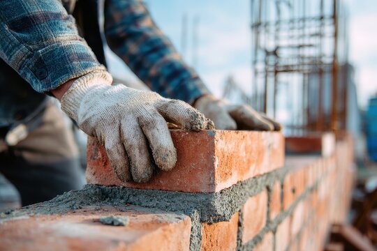 Close-up of a mason's hands laying a red brick on a masonry wall at a residential construction site