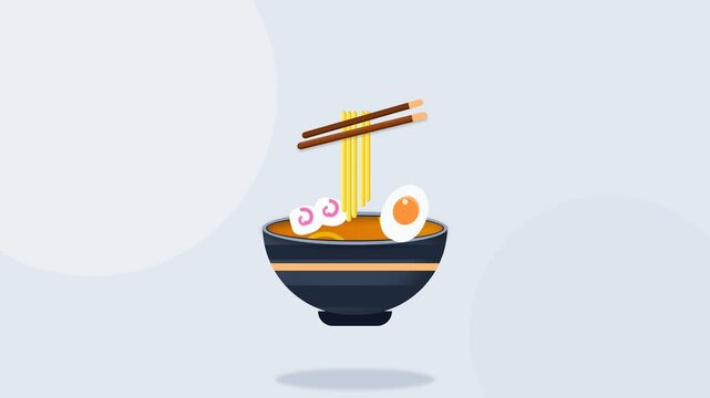 Animated Illustration of Traditional Asian Noodle Soup Bowl with Chopsticks Egg and Fish Cake on Clean Background