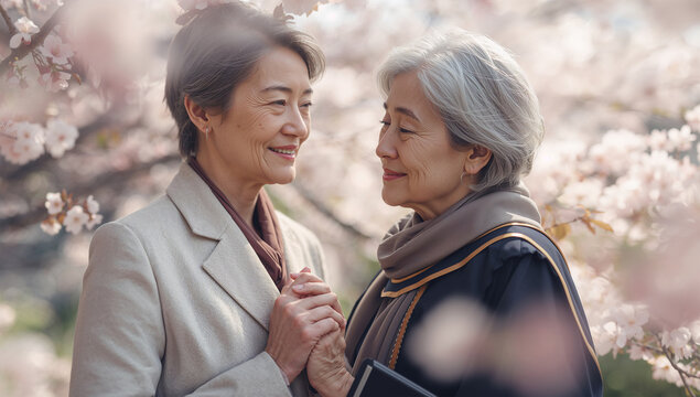 やわらかな桜光の中で友情を誓う欧州系女性二人の卒業後の春時間