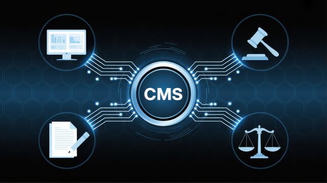Legal case management system CMS digital interface with judicial icons on dark background