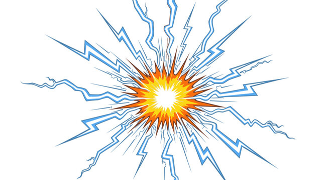 Dynamic comic book style explosion burst with radiating blue lightning bolts and bright orange energy shockwave on a clean white background.