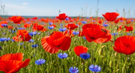 Fototapeta premium Bright Red Poppies and Blue Cornflowers Blooming in a Summer Field