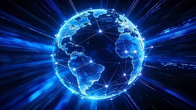 Digital earth globe with glowing network nodes and connections on dark background