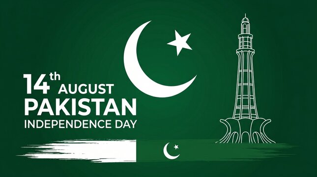 Pakistan Independence Day 14 August banner with Minar e Pakistan and flag