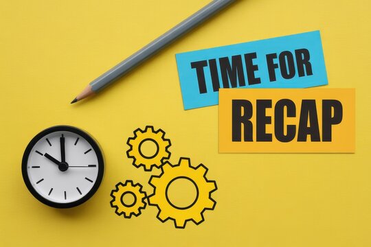 Time for Recap concept with clock, gears and sticky notes on yellow background