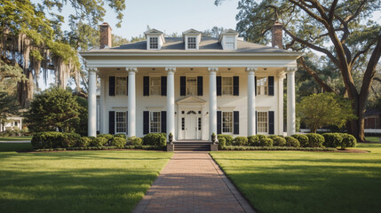 Fototapeta premium Southern colonial style white mansion with grand pillars generative AI