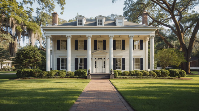 Southern colonial style white mansion with grand pillars generative AI
