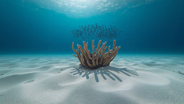 青い海中でつながりを感じるサンゴ礁と小魚の風景