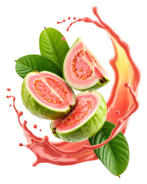 Fresh pink guava slices with red juice splash and green leaves floating in air on transparent background