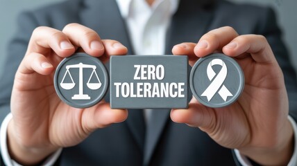 Zero tolerance concept with scale of justice and awareness ribbon held by a person in a suit