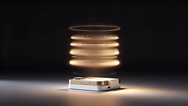 White modern device with golden ring light on gray floor in dark studio