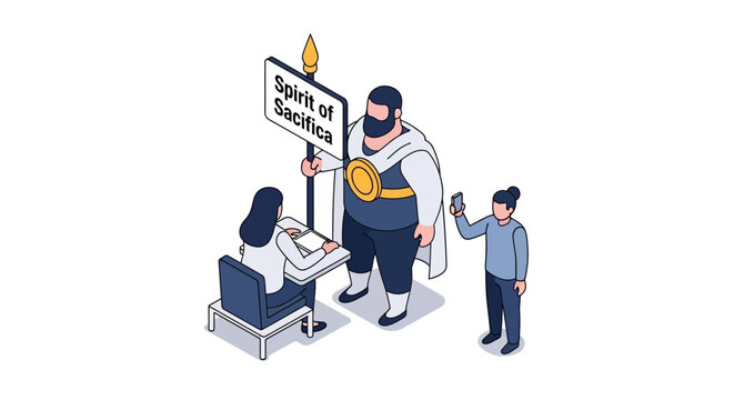 Isometric illustration of a bearded man holding a sign with two people.