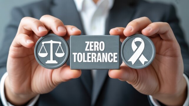 Zero tolerance concept with scale of justice and awareness ribbon held by a person in a suit