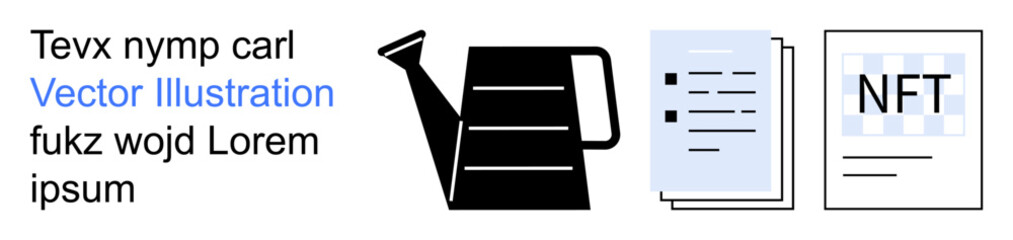 Growth, digital collectibles, asset management, information sharing, modern economy, paperwork. A watering can, documents and NFT text appear together. Growth and digital collectibles concept © robu_s