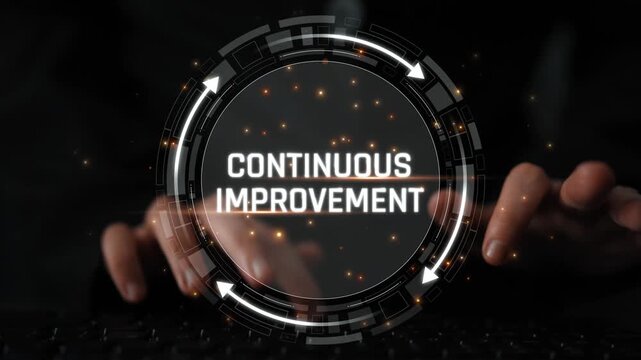 Hands Typing on Keyboard with Overlay Text for Continuous Improvement Concept in a Digital Environment with Futuristic Elements and Effects Sigmoid