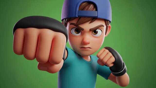 Cartoon boxer character in fighting pose against green backdrop