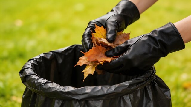 Person disposing autumn leaves in trash bag