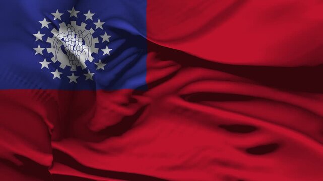 Burma Closeup Myanmar Flag Wave Loop waving in wind Realistic Myanmar Flag background