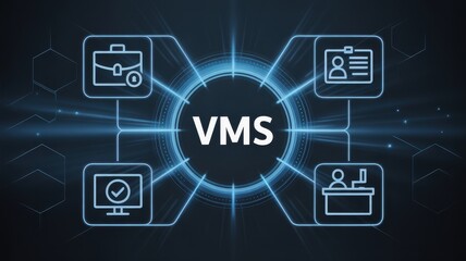 Fototapeta premium VMS Vendor Management System conceptual diagram with icons and glowing blue lights