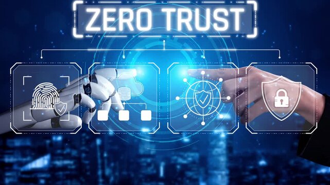 Conceptual Image Representing Zero Trust Security with Robotic Hand and Human Hand Touching, Cybersecurity, Digital Authentication, Futuristic Technology Sigmoid