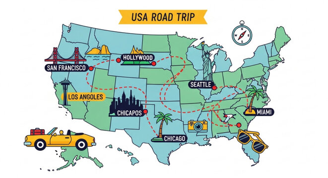 USA road trip map with iconic cities and landmarks vector illustration for travel planning and vacation concepts isolated on white