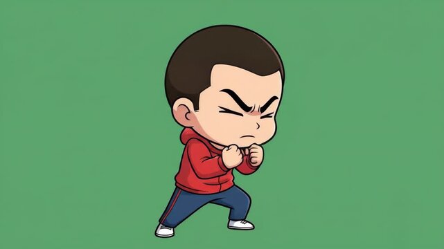 Cartoon character in a red hoodie and blue jeans poses with an angry expression against a green backdrop