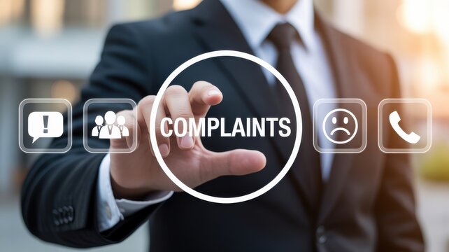 Businessman pointing at virtual complaints button representing customer feedback and service management