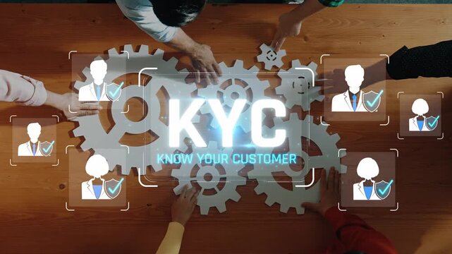 Collaborative Business Meeting Focused on KYC Concepts and Strategies with Gears and Icons Symbolizing Customer Identification Sigmoid